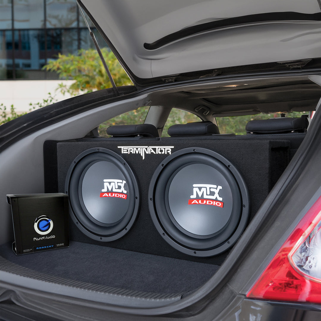 MTX TNE212D 12" 1200W Dual Loaded Car Subwoofers Box & Planet 1500W Amp with Kit