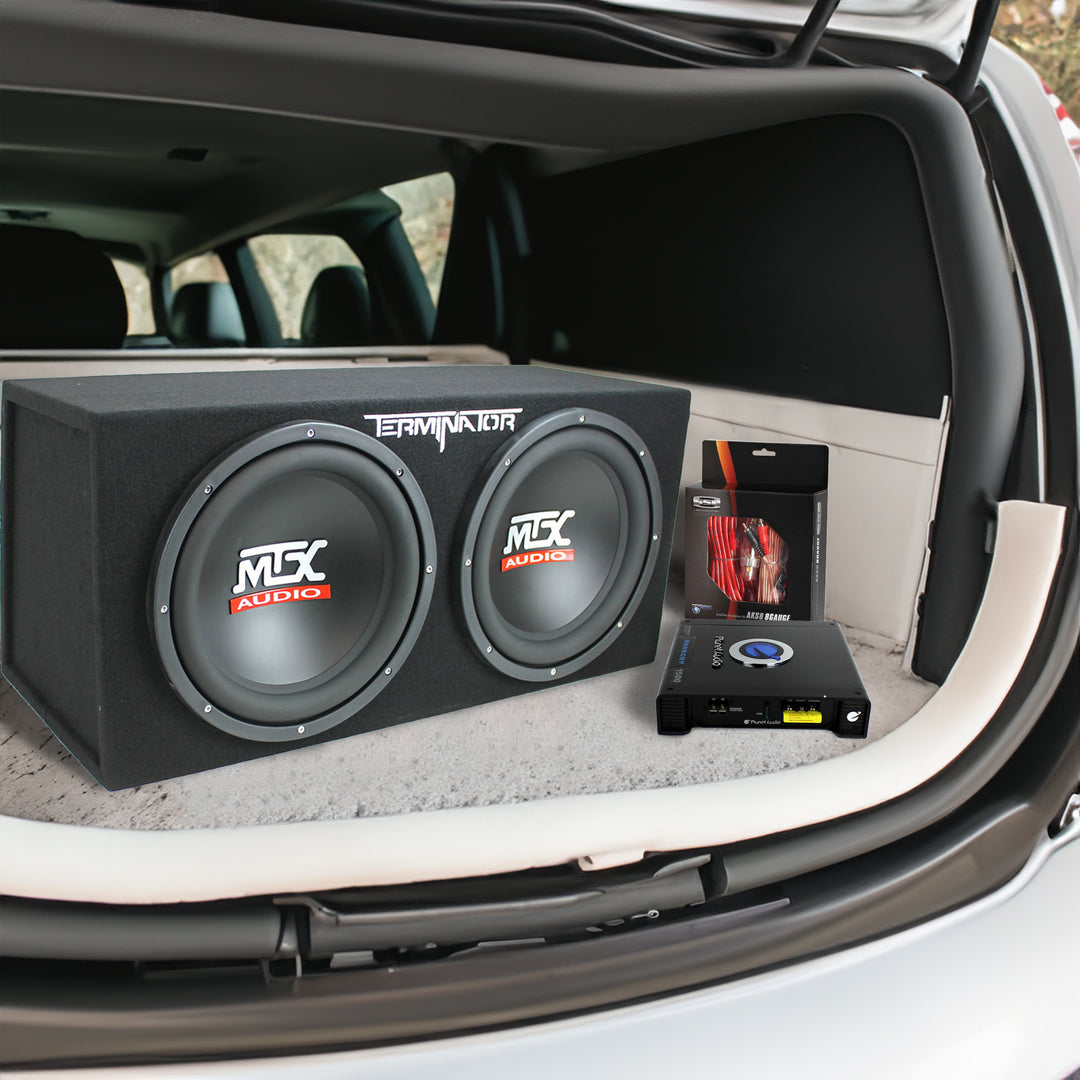 MTX TNE212D 12" 1200W Dual Loaded Car Subwoofers Box & Planet 1500W Amp with Kit