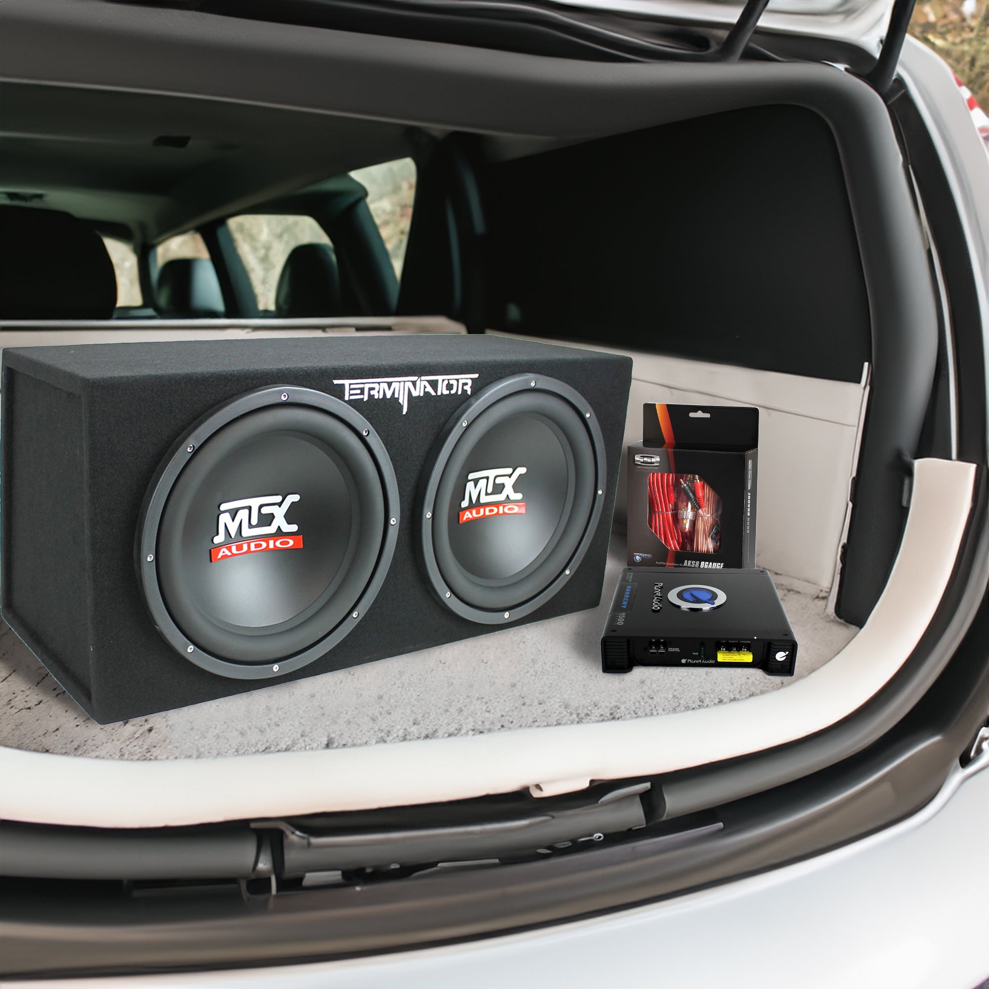 MTX TNE212D 12" 1200W Dual Loaded Car Subwoofers Box & Planet 1500W Amp with Kit - VMInnovations