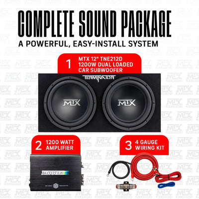 MTX TNE212D 12" 1200W Dual Loaded Car Subwoofer Package with 4 Gauge Wiring Kit