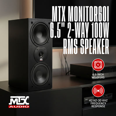 MTX Audio MONITOR60i 6.5 Inch Bookshelf Speakers, 2-Way Home Audio Pair, Black - VMInnovations