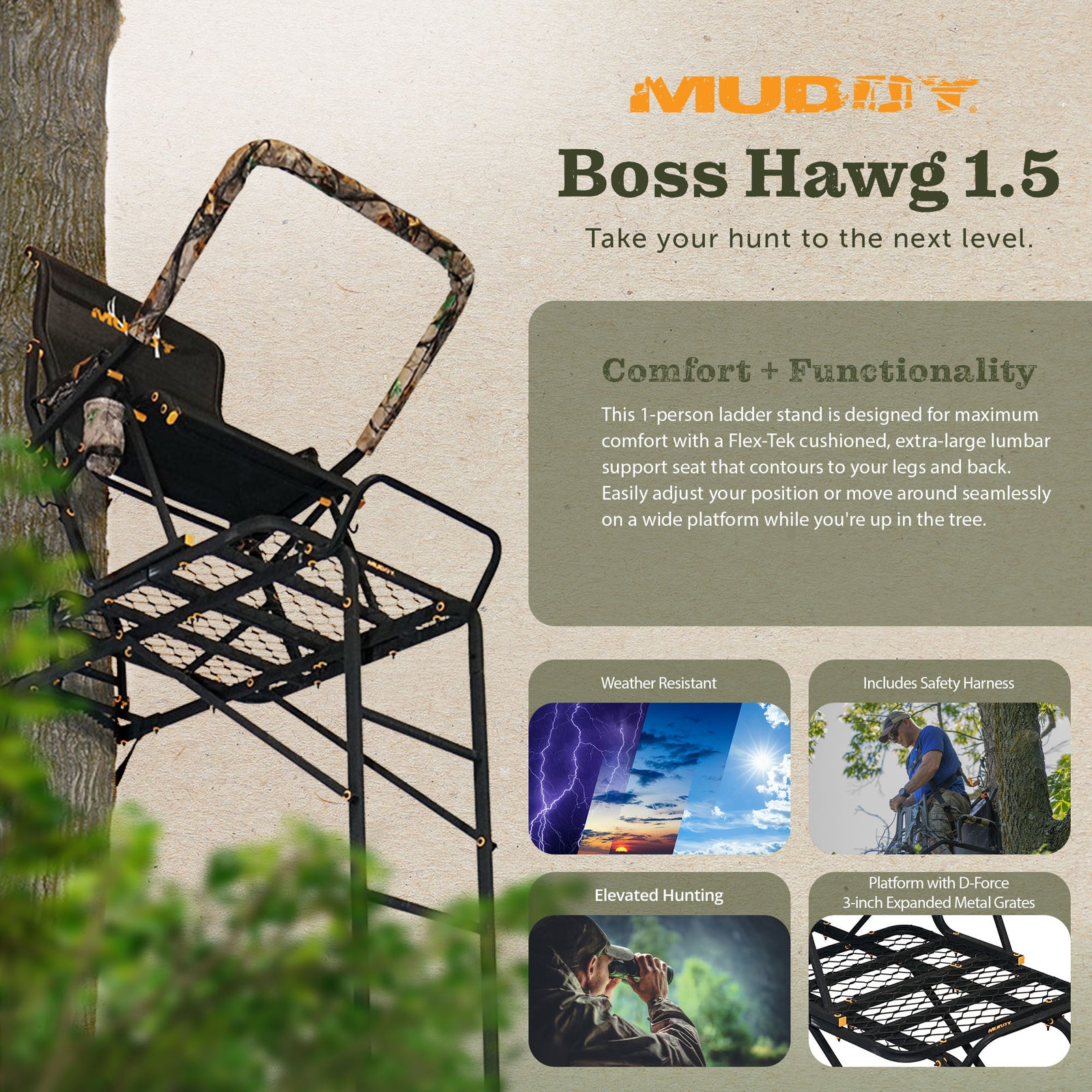 Muddy Boss Hawg 1.5 Deer Hunting 17ft Ladderstand Tree Stand w/Lumbar Seat(Used) - VMInnovations