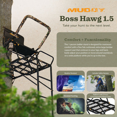 Muddy Boss Hawg 1.5 Deer Hunting 17 Foot Ladderstand Tree Stand w/Lumbar Seat - VMInnovations