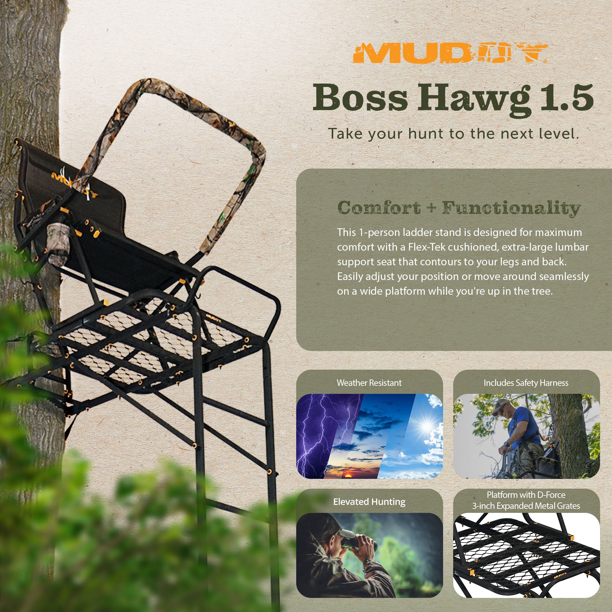 Muddy Boss Hawg 1.5 Hunting 17' Ladderstand Tree Stand w/Lumbar Seat (Open Box)