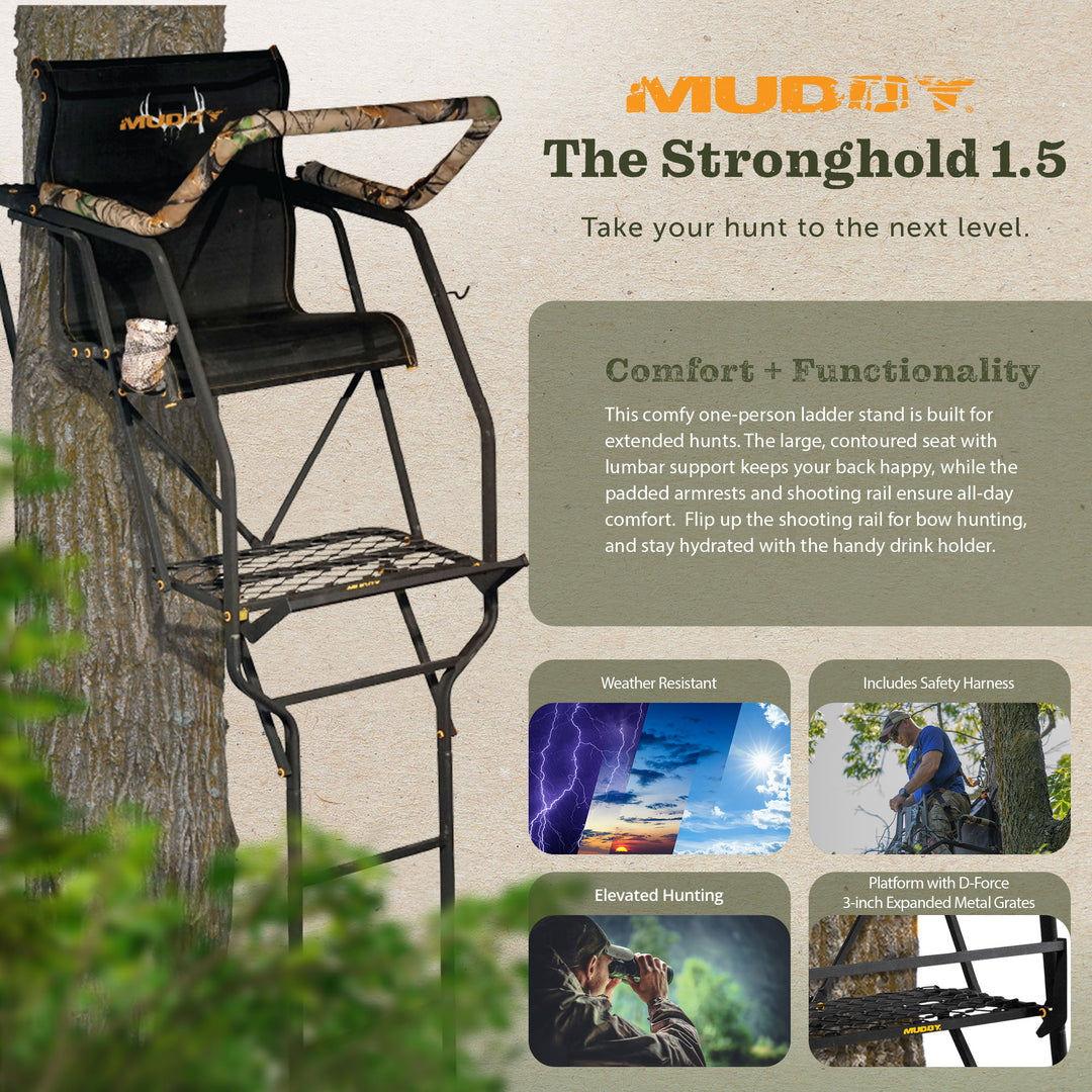 Muddy The Stronghold 1.5 Deer Hunting Ladderstand, 1 Person Tree Stand(Open Box)