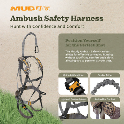 Muddy Ambush Hunting Quick Release Padded Deer Treestand Safety Harness, Camo