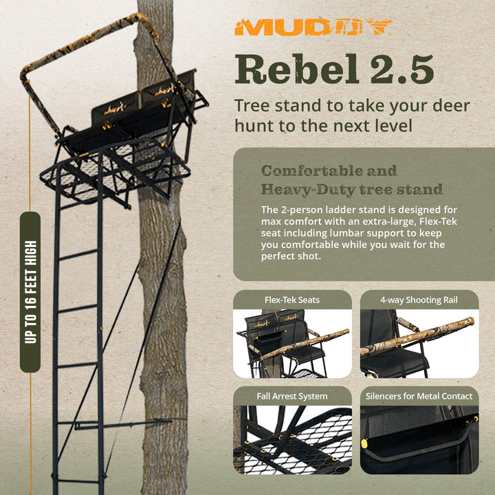 Muddy Rebel 2.5 17 FT Adjustable 2 Person Hunting Ladder Tree Stand(Open Box) - VMInnovations
