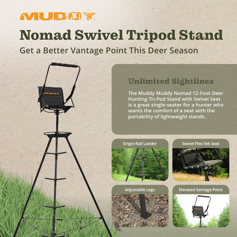 Muddy Nomad 12 Ft High Deer Hunting Tri-Pod Stand with Swivel Seat (Used)