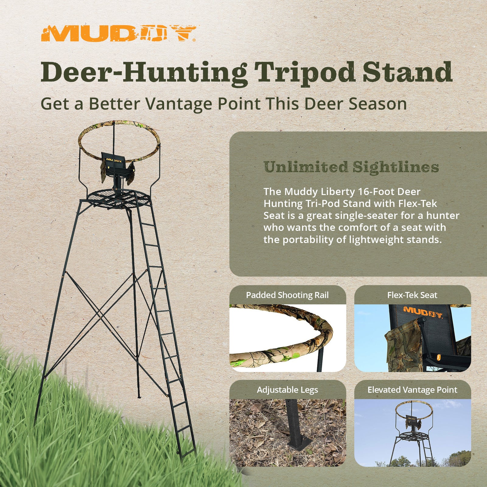 Muddy 16' Liberty Tripod Stand Hunting Gear with Flex Tek Seat Hunting Chair - VMInnovations