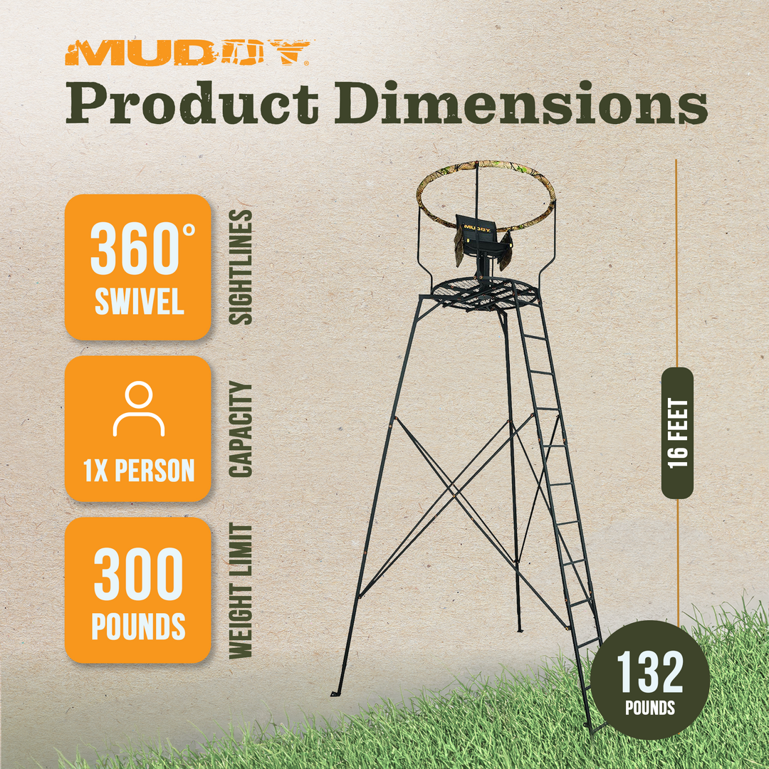 Muddy 16' Liberty Tripod Stand Hunting Gear with Flex Tek Seat Hunting Chair - VMInnovations
