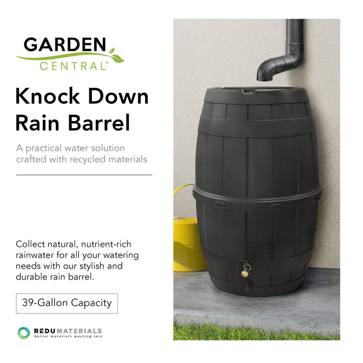 Garden Central Knock Down Rain Barrel w/ Rust Proof Brass Spigot, 39 Gal, Black