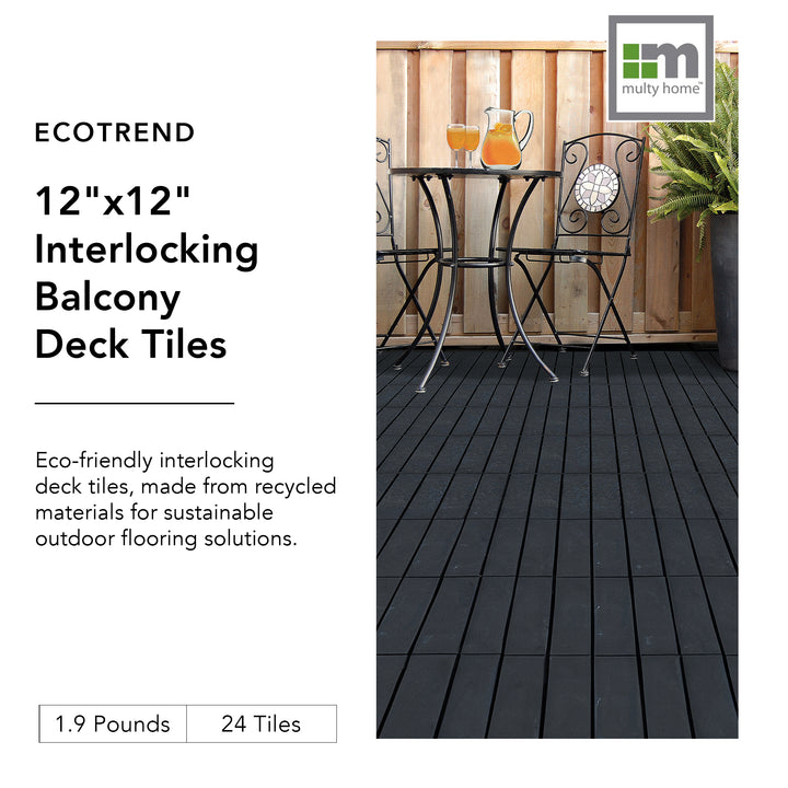 EcoTrend 12"x12" Interlocking Outdoor Balcony Deck Tiles, 24-Pack, Slate Black