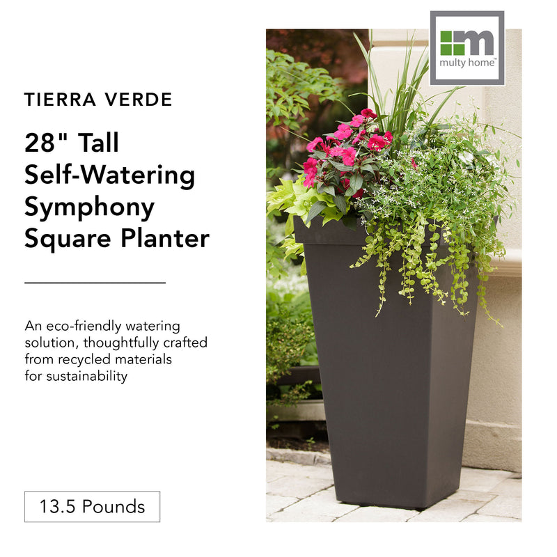 Tierra Verde Self Watering Symphony Square Planter, 15" Wide x 28" Tall, Black