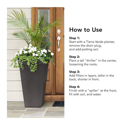 Tierra Verde Self Watering Symphony Square Planter, 15" Wide x 28" Tall, Black