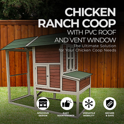 My Backyard Farm Chicken Ranch Coop with PVC Roof and Vent Window, Dark Red