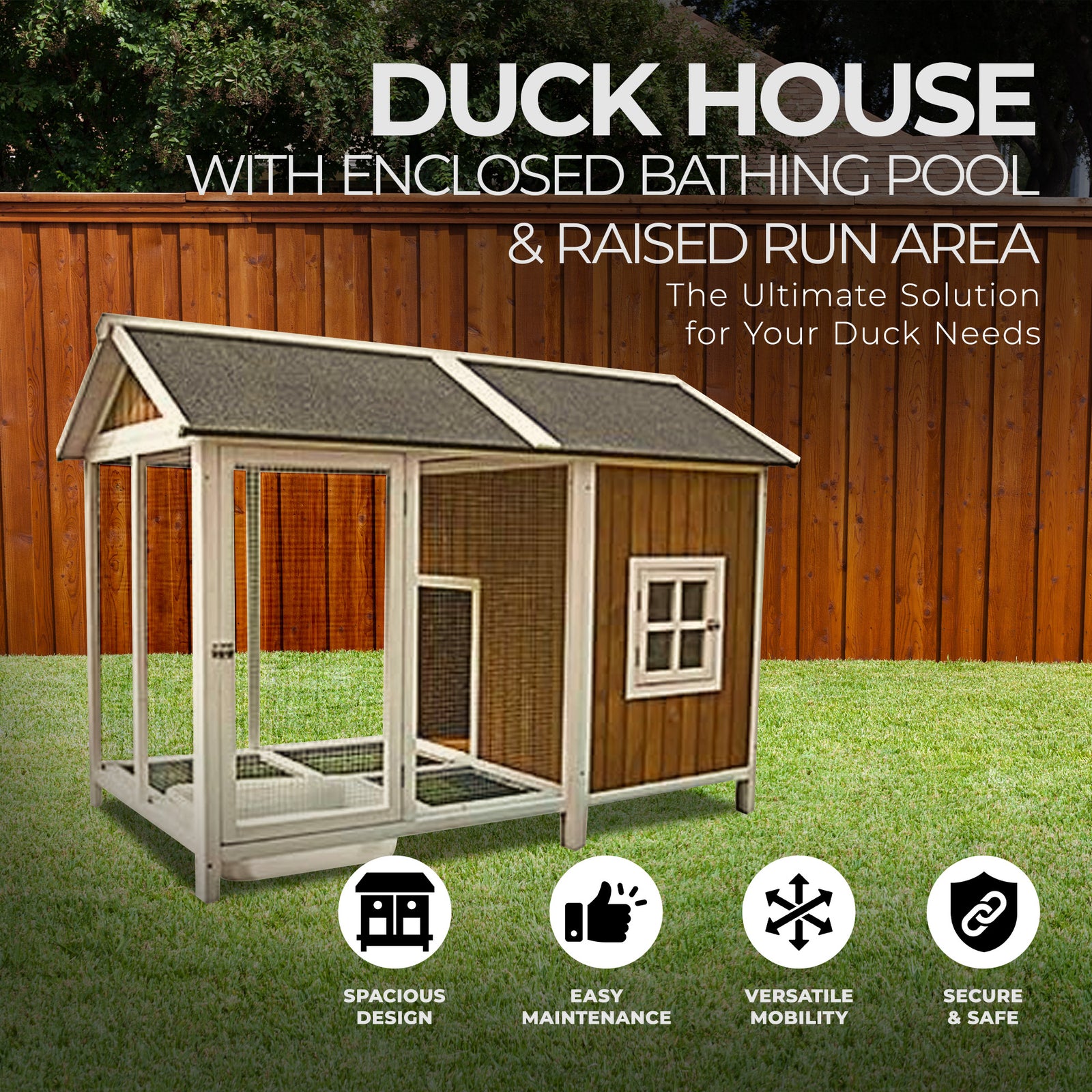 My Backyard Farm Duck House with Enclosed Bathing Pool, and Raised Run Area - VMInnovations