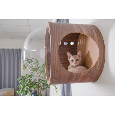 MYZOO Spaceship Gamma Modern Wood Cat Bed Wall Mounted Open Left Shelf, Walnut
