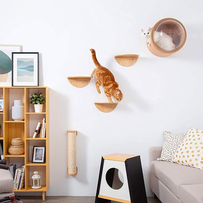 MYZOO Floating Round Modern Wood Wall Mounted Cat Shelves, Oak, (2 Pack) (Used)