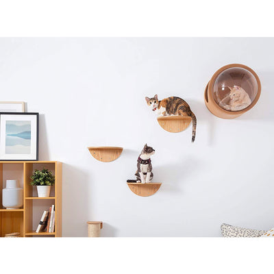 MYZOO Floating Round Lack Modern Wood Wall Mounted Cat Shelves, Oak, (2 Pack)