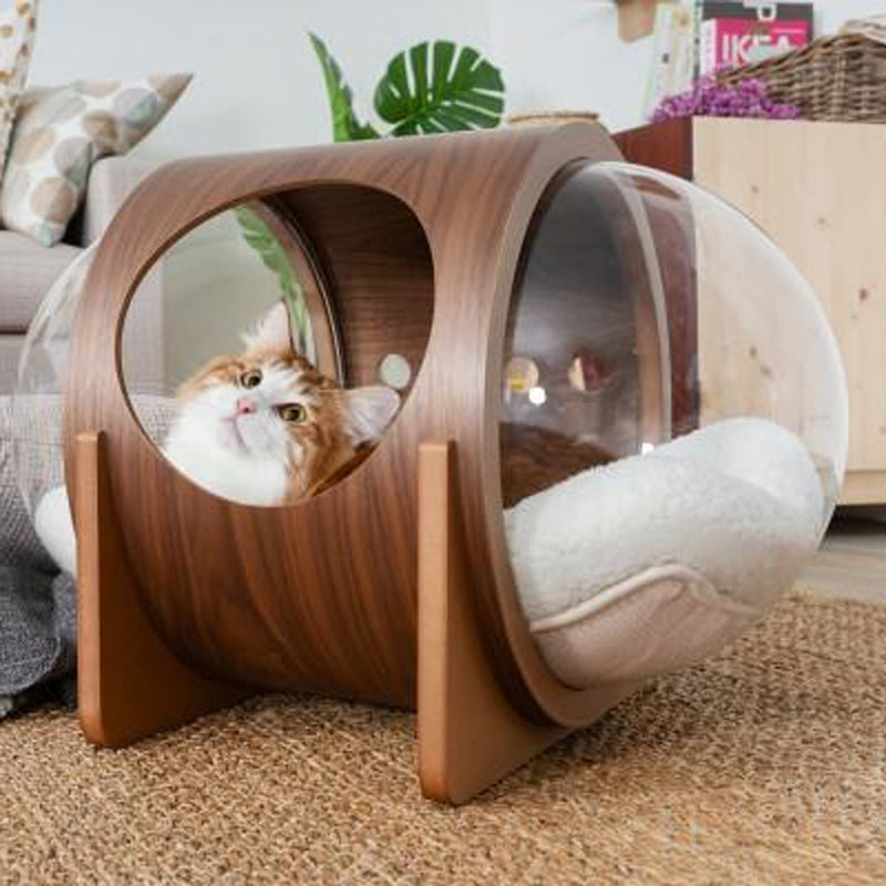 MYZOO Spaceship Alpha Modern Wooden Capsule Floor Cat and Dog Pet Bed, Walnut