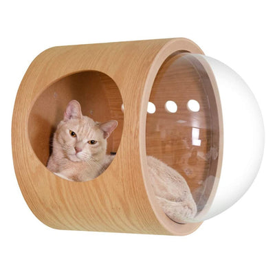 MYZOO Spaceship Gamma Wood Cat Bed Wall Mounted Open Left Shelf, Oak (Open Box)