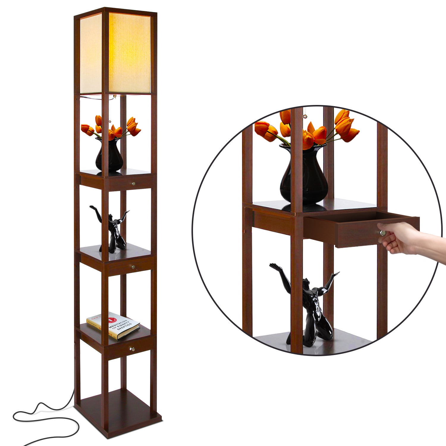 Brightech Maxwell Standing Tower Lamp w/ Shelves and Drawers, Brown (Open Box)