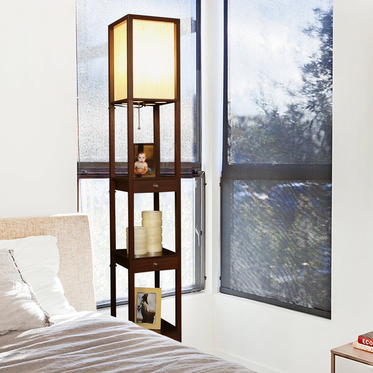 Brightech Maxwell Standing Tower Lamp w/ Shelves and Drawers, Brown (Open Box)