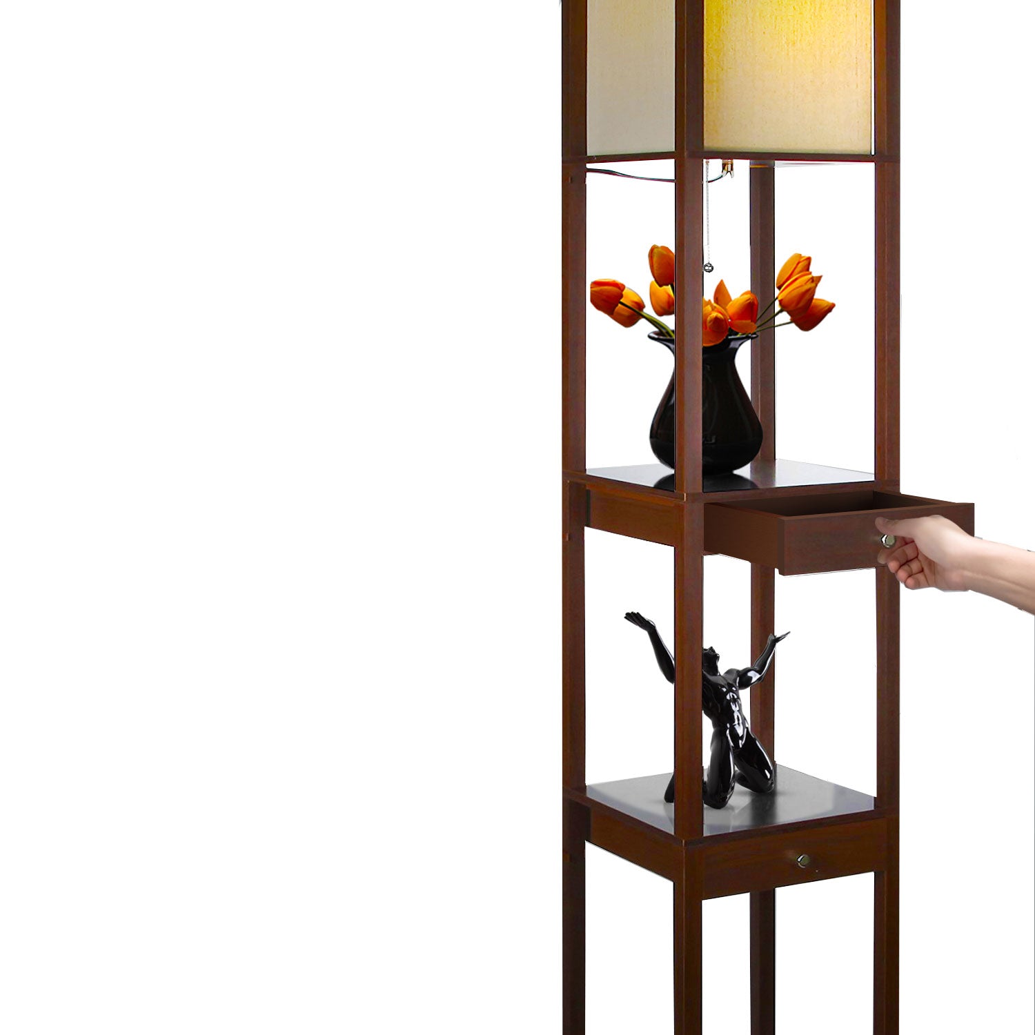 Brightech Maxwell Standing Tower Lamp w/ Shelves and Drawers, Brown (Open Box)