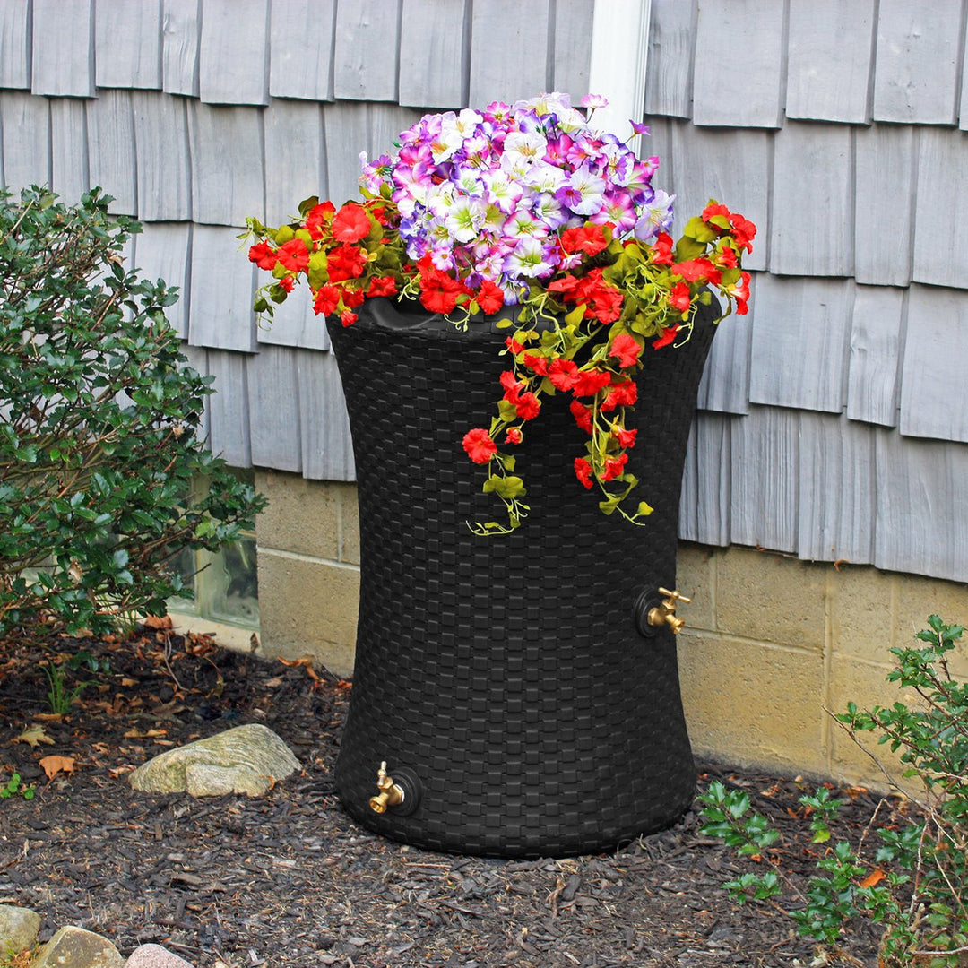 Good Ideas 50 Gallon Dual Spigot Rain Barrel with 4in Planter Top, Black (Used)