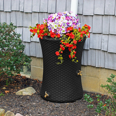 Good Ideas 50 Gallon Dual Spigot Rain Barrel w/4in Planter Top, Black (Open Box)