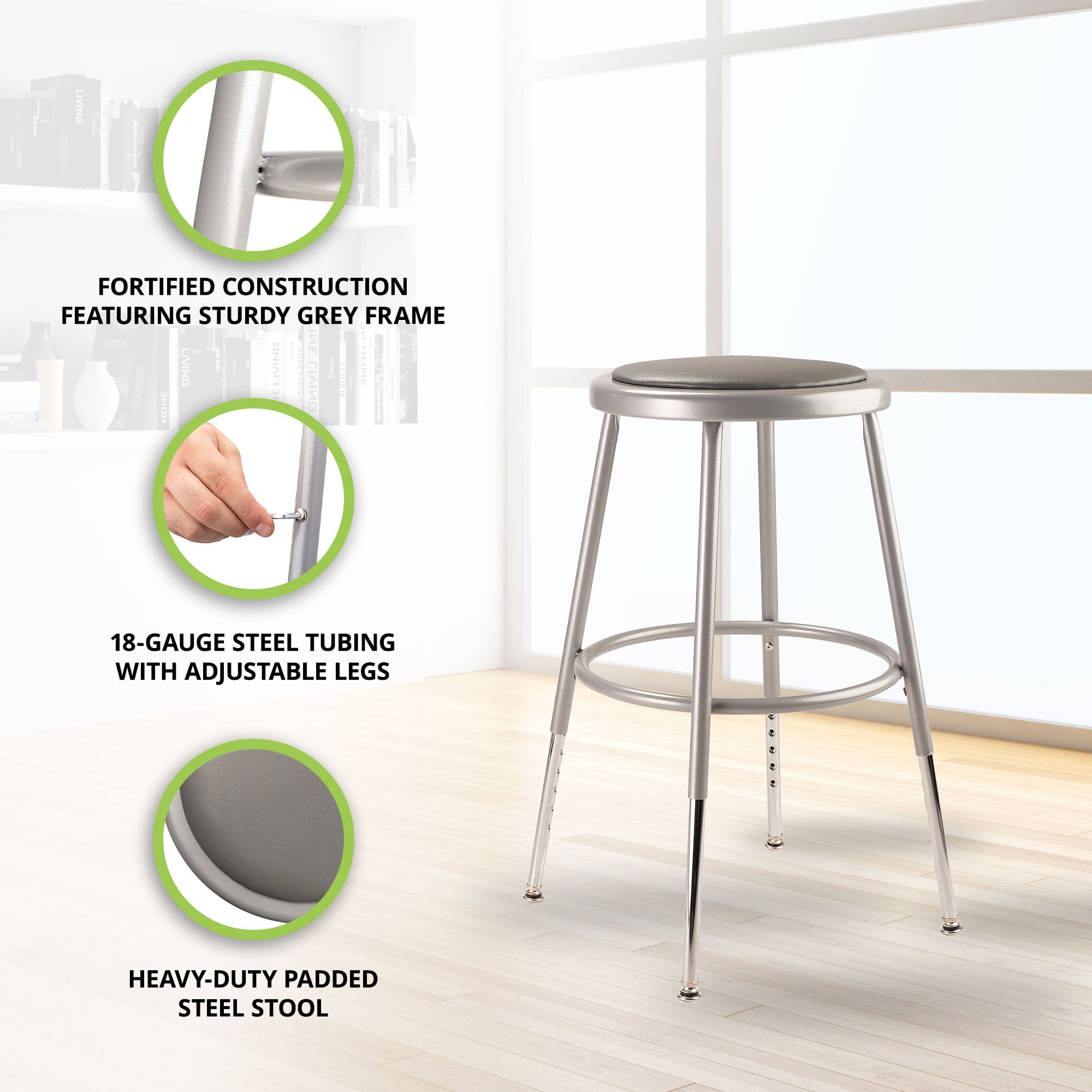 National Public Seating 6400 Series 18' Adjustable Height Steel Stool,Grey(Used) - VMInnovations