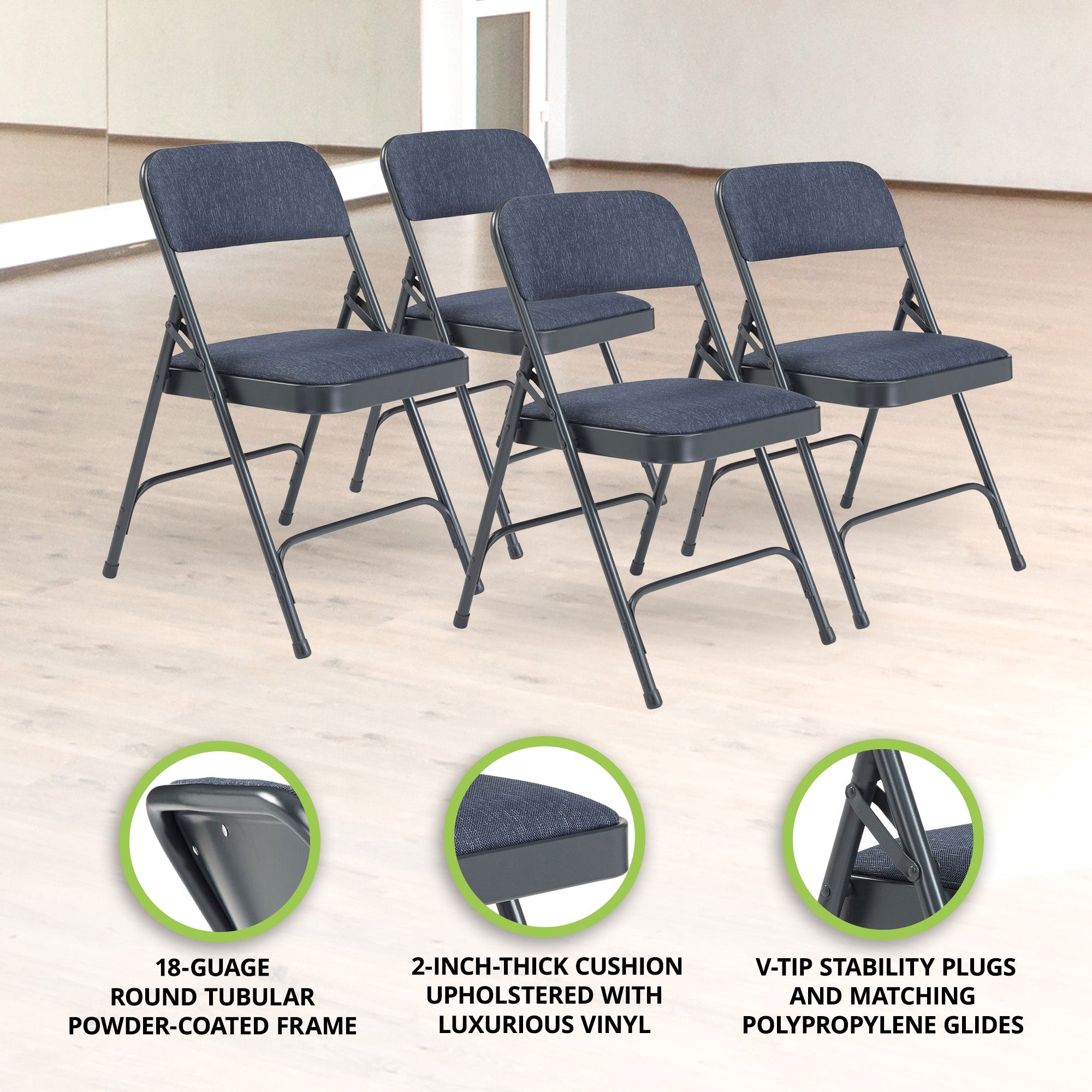 NPS 2200 Series 2" Cushion Fabric Upholstered Folding Chair, Blue, 4 Pack (Used) - VMInnovations