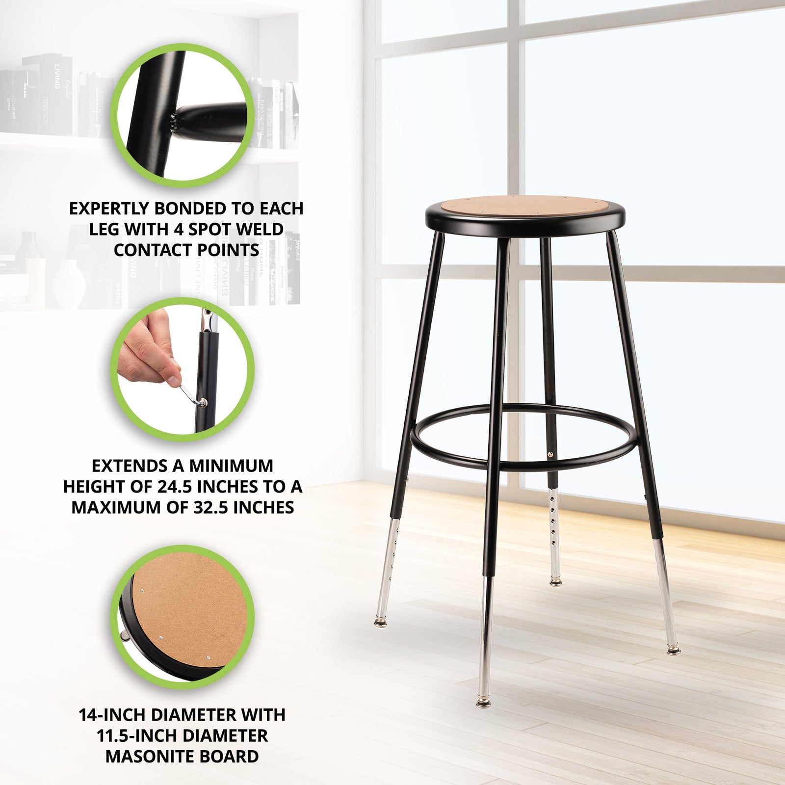National Public Seating 6200 Series Heavy Duty 32.5" Adjustable Stool, Black - VMInnovations