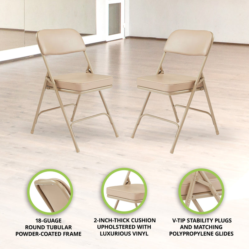 NPS 3200 Series 2" Cusion Vinyl Upholstered Office Folding Chair, Beige, 2 Pack