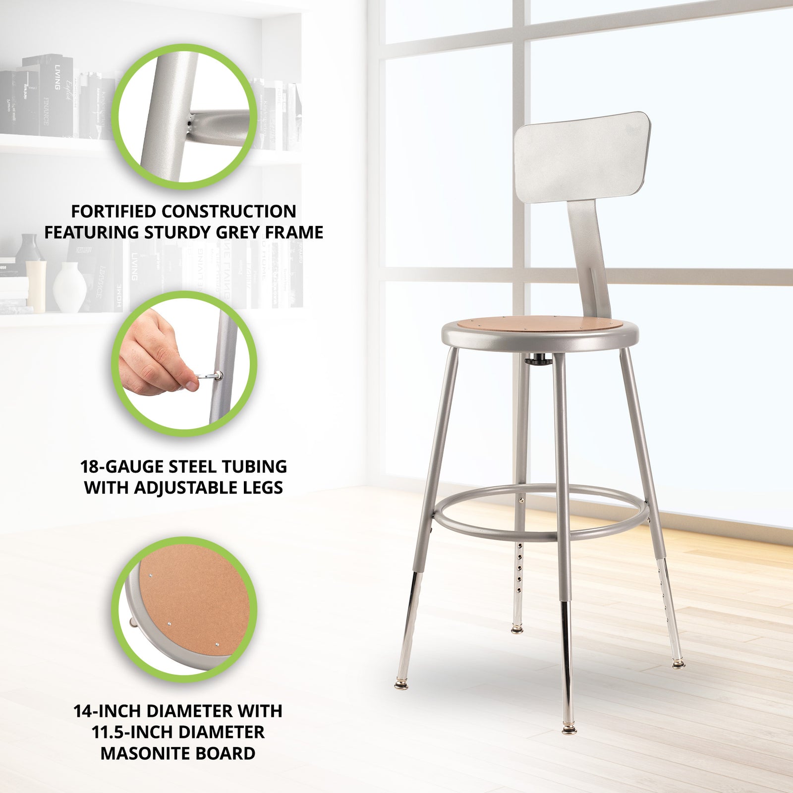 National Public Seating 6200 Series 18 Inch Adjustable Stool with Backrest, Grey - VMInnovations