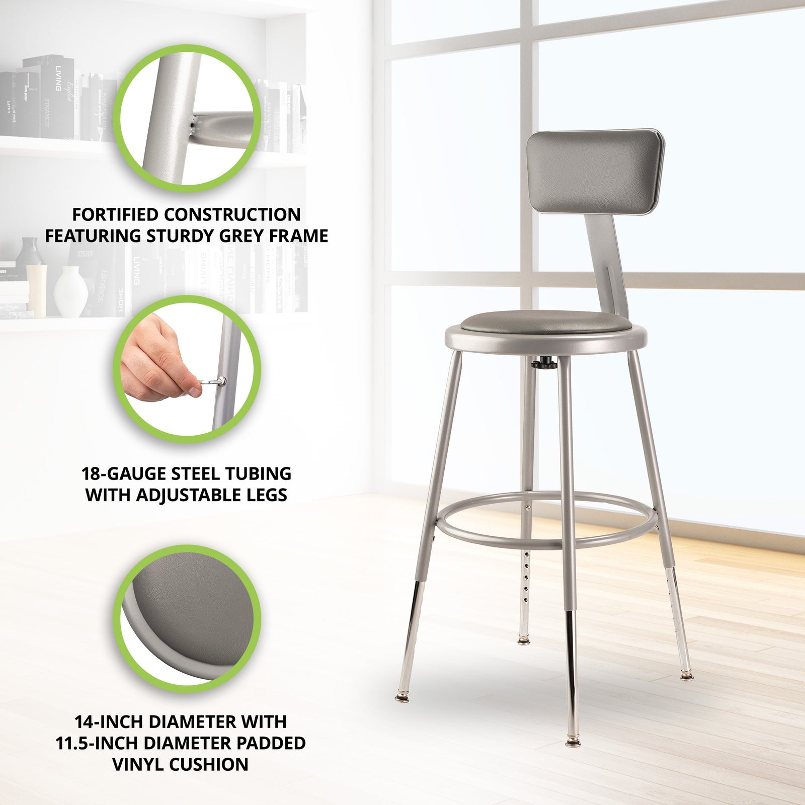 National Public Seating 18 Inch Adjustable Stool with Backrest, Grey (Used) - VMInnovations