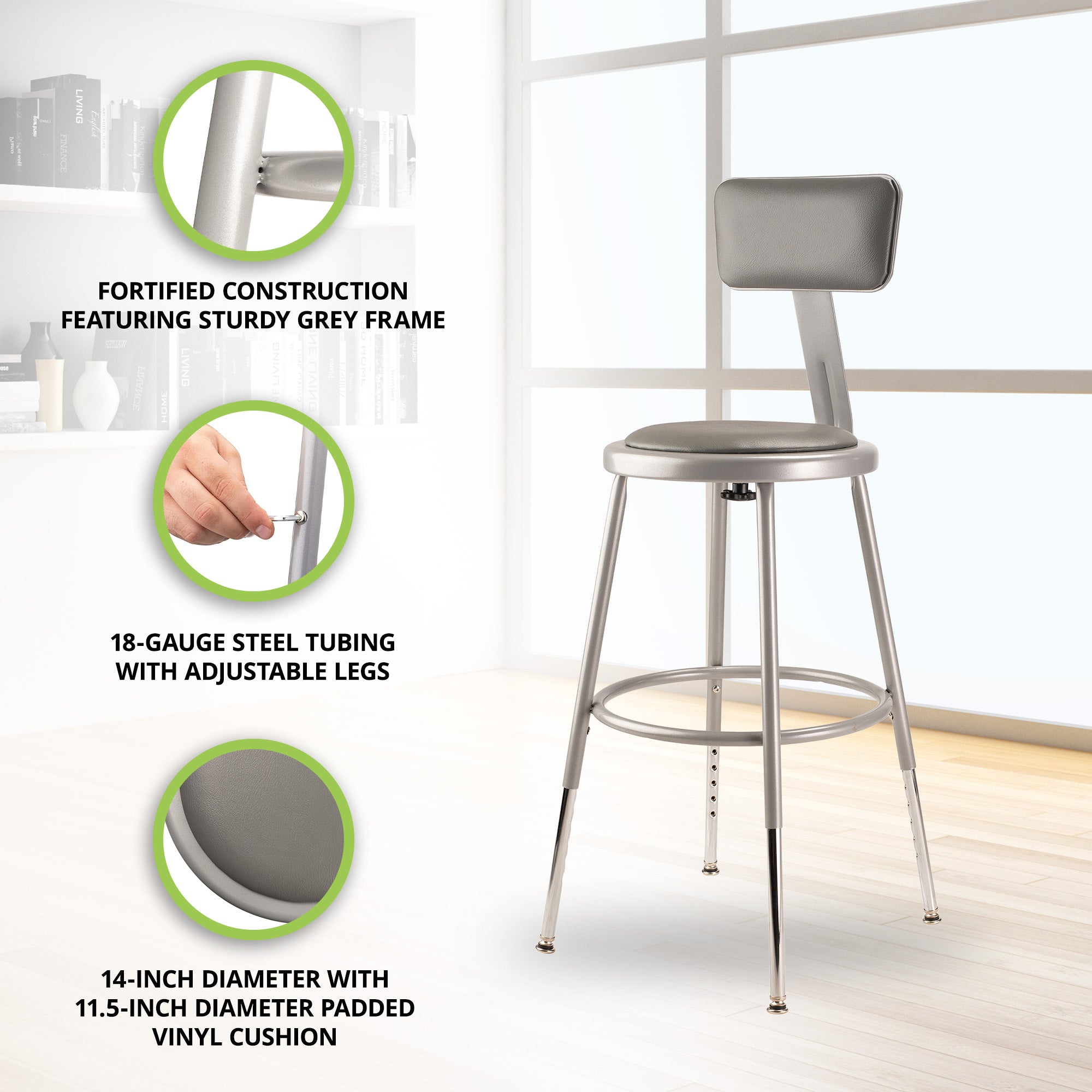 National Public Seating 18 Inch Adjustable Stool with Backrest, Grey (Used) - VMInnovations