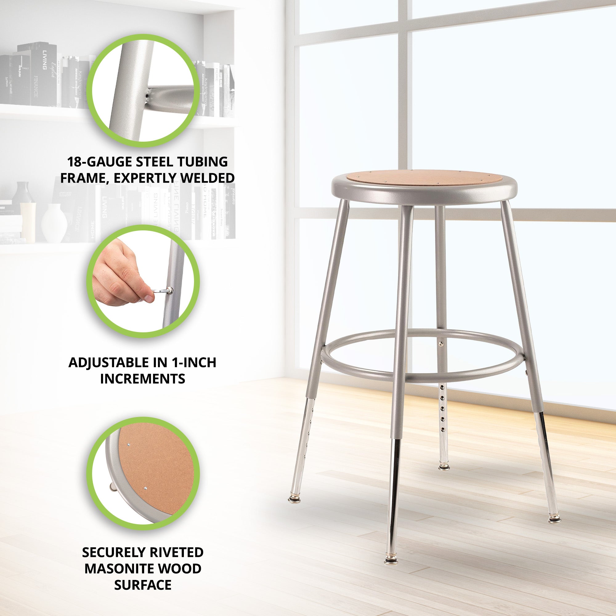 National Public Seating 6200 Series 24" Steel Stool Supports 500 Lbs, Gray - VMInnovations