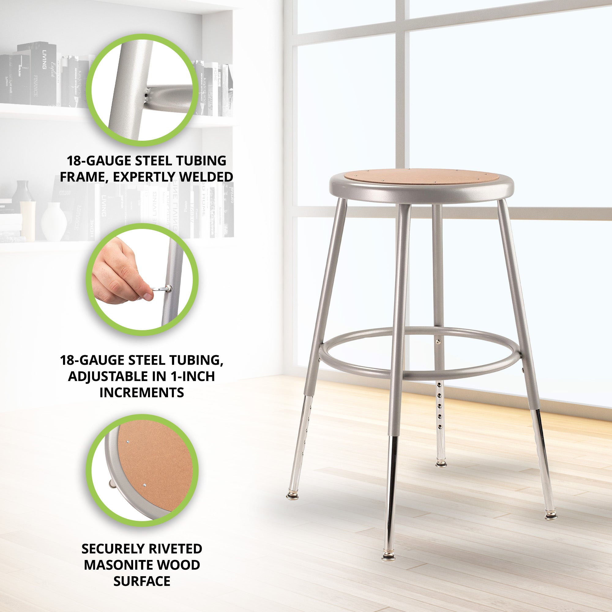 National Public Seating 6200 Series 18 Inch Adjustable Height Steel Stool, Grey - VMInnovations