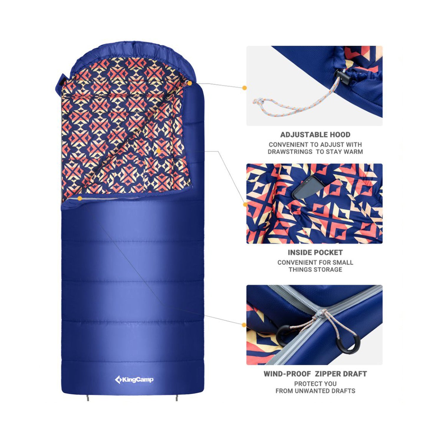 KingCamp 30 Degree Adult Sleeping Bag for Camping & Backpacking, Navy (Open Box) - VMInnovations
