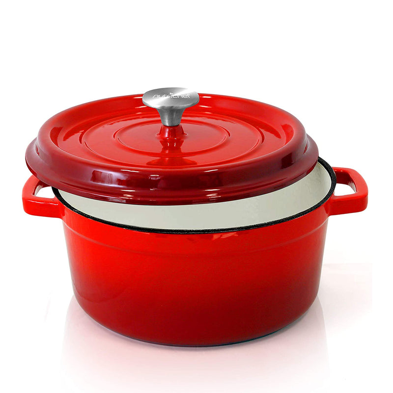 NutriChef 5 Quart Enameled Round Cast Iron Dutch Oven with Lid, Red (Open Box)