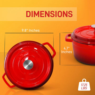 NutriChef 5 Quart Enameled Round Cast Iron Dutch Oven with Lid, Red (Open Box)