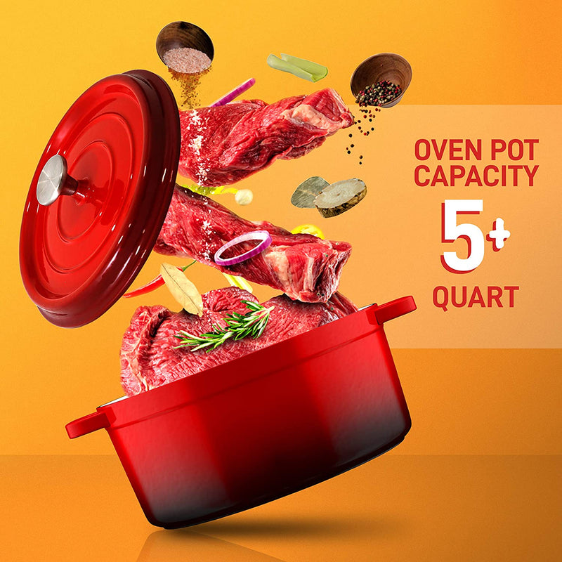 NutriChef 5 QT Enameled Cast Iron Dutch Oven w/ Self Basting Lid, Red (2 Pack)