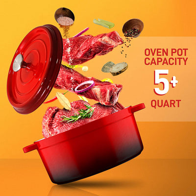 NutriChef 5 Quart Enameled Round Cast Iron Dutch Oven with Lid, Red (Open Box)