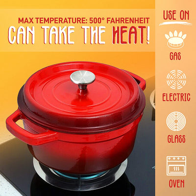 NutriChef 5 Quart Enameled Round Cast Iron Dutch Oven with Lid, Red (Open Box) - VMInnovations