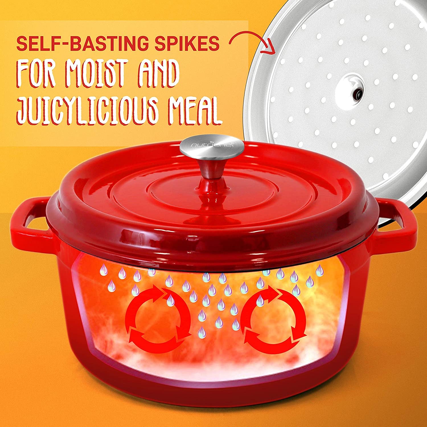 NutriChef 5 Quart Enameled Round Cast Iron Dutch Oven with Lid, Red (Open Box) - VMInnovations