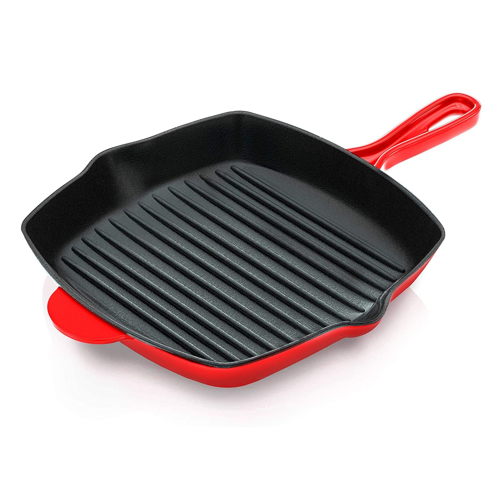 NutriChef 11 Inch Square Cast Iron Skillet with Porcelain Enamel Coating, Red - VMInnovations