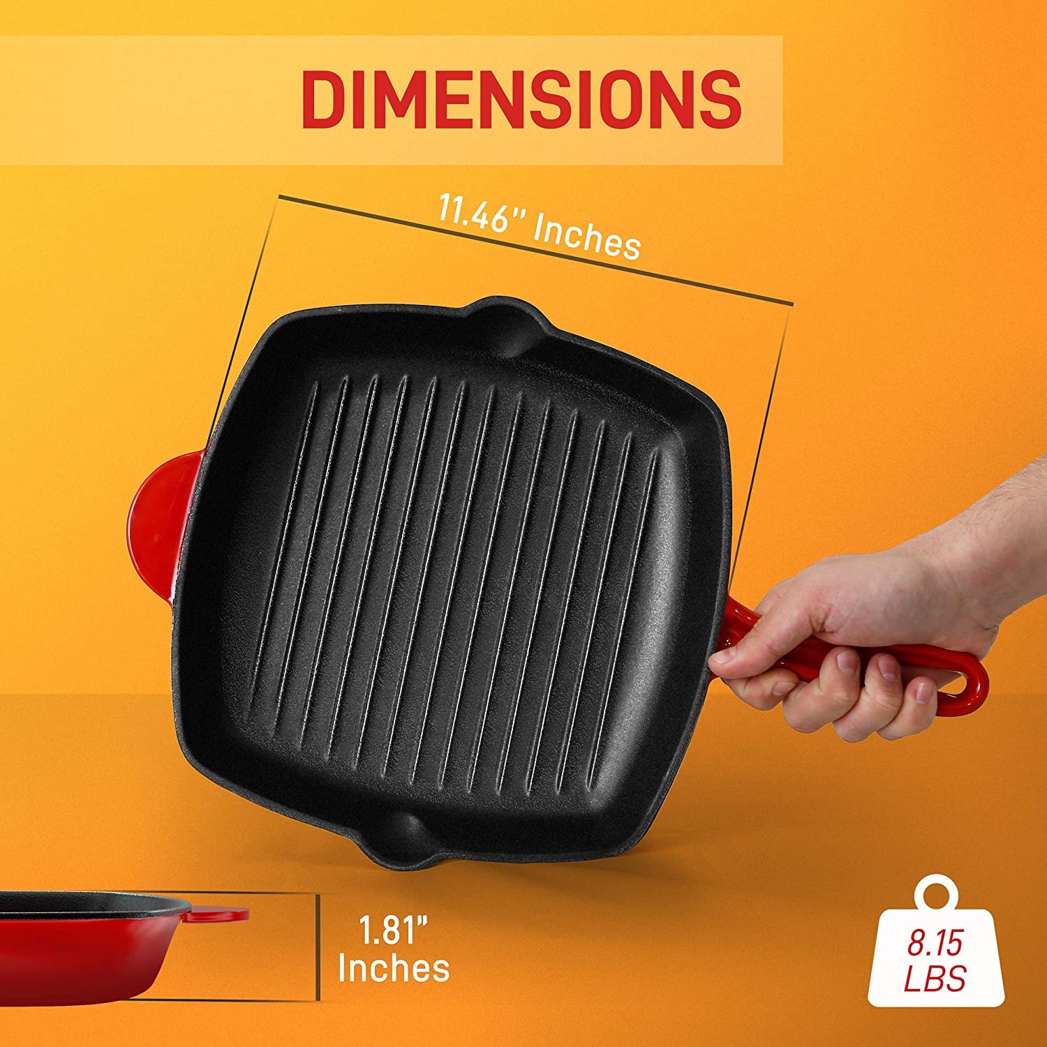 NutriChef 11 Inch Square Cast Iron Skillet with Porcelain Enamel Coating, Red - VMInnovations