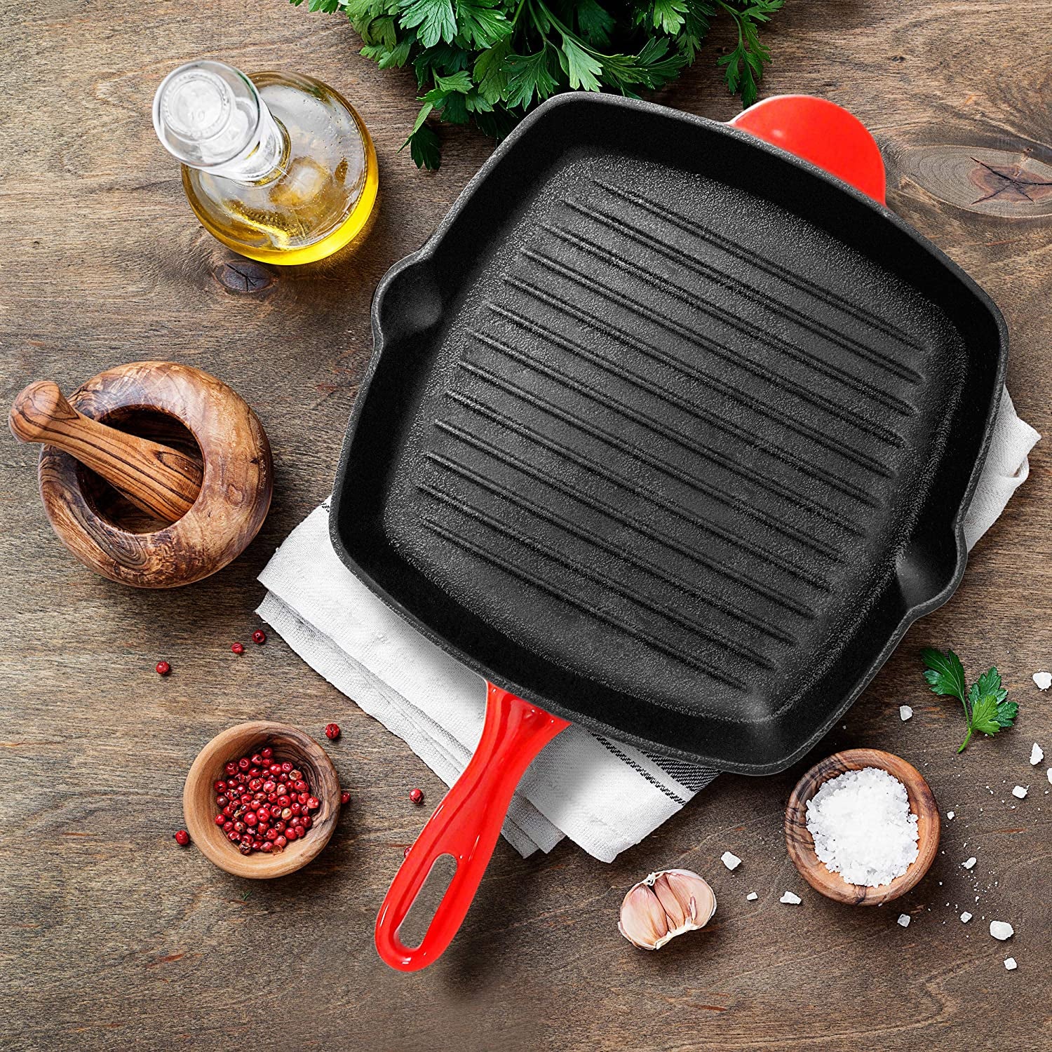 NutriChef 11 Inch Square Cast Iron Skillet with Porcelain Enamel Coating, Red - VMInnovations