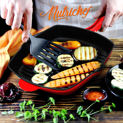 NutriChef 11 Inch Square Cast Iron Skillet with Porcelain Enamel Coating, Red - VMInnovations